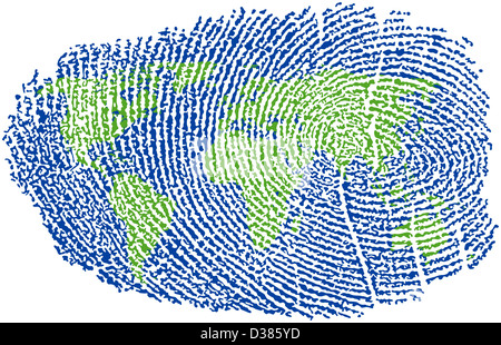 Weltkarte in einem Fingerabdruck vertreten Stockfoto