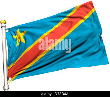 Demokratische Republik Kongo Flagge auf eine Fahnenstange. Clipping-Pfad enthalten. Sichtbar auf die Flagge 100 % Seide Textur. Stockfoto