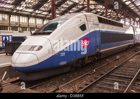 Ein TGV erwartet Abreise am Gare de Lyon in Paris. Stockfoto