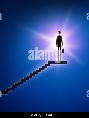 Anschauliches Bild der Geschäftsmann stehend auf der Treppe, Sieg darstellt Stockfoto