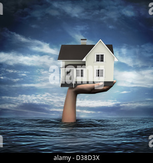 Anschauliches Bild von Hand aus Meer halten Modell nach Hause vertreten Hause Versicherung Stockfoto