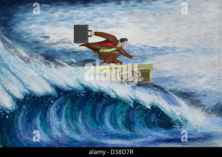 Anschaulichen Bild der Geschäftsmann Surfen auf Note repräsentieren erobernden Widrigkeiten Stockfoto