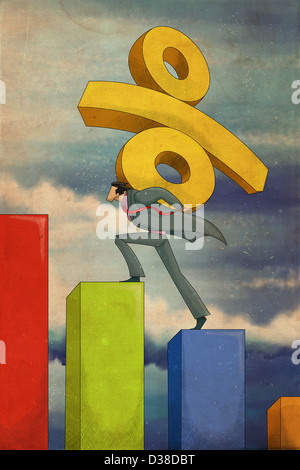 Anschauliches Bild der Geschäftsmann mit Prozentzeichen Klettern auf Balkendiagramm, Erhöhung der Zinsen darstellt Stockfoto