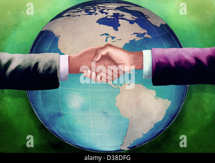 Anschauliches Bild der Geschäftsleute Händeschütteln mit Weltkugel im Hintergrund, Geschäftsvereinbarung darstellt Stockfoto