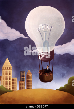 Anschauliches Bild der Geschäftsmann in Glühbirne geformt Heißluftballon Idee vertreten Stockfoto