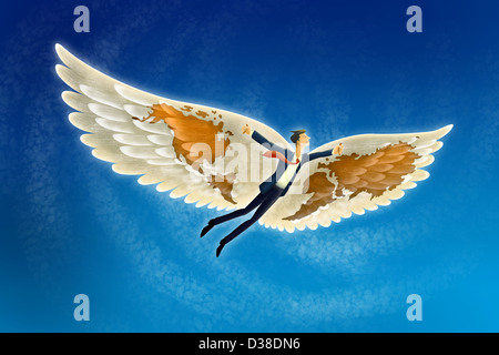 Anschauliches Bild der Geschäftsmann fliegen in Himmel, Freiheit darstellt Stockfoto