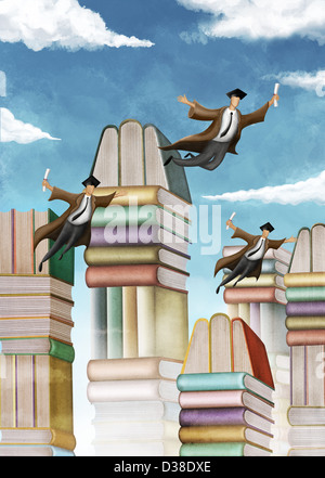 Anschauliches Bild gestapelte Bücher und Flugschüler, die Graduierungstag darstellt Stockfoto