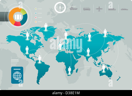 Anschauliches Bild menschlichen Darstellungen auf Karte für globetrotter Stockfoto