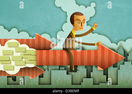 Anschauliches Bild der Geschäftsmann sitzt auf einem Pfeil für Unternehmenswachstum Stockfoto