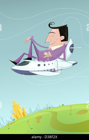 Anschaulichen Bild der Inhalt Geschäftsmann sitting on Top of Flugzeug Urlaub Stockfoto
