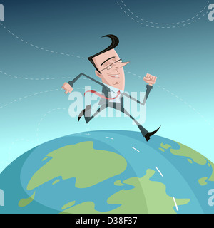 Anschauliches Bild der glücklich Geschäftsmann quer durch die Welt, Globalisierung darstellt Stockfoto