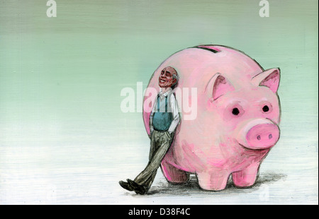 Illustrative senior Menschenbild stützte sich auf Sparschwein für Rentenfonds Stockfoto