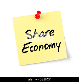 Gelbes Papier-Schuldbrief mit Text Share Economy Stockfoto