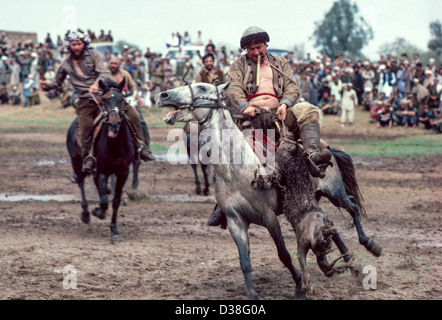 Afghanische Flüchtlinge spielen ihr traditionelles Spiel Buzkashi. Peshawar, Pakistan Stockfoto