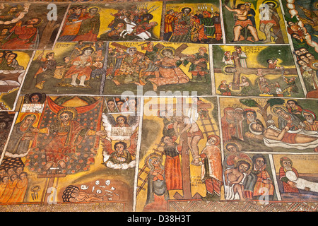 Bunte Wandmalereien, Debre Birhan Selassie Kirche, Gondar, Äthiopien Stockfoto