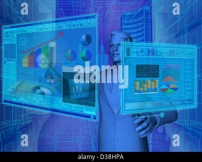Geschäftsmann mit virtuellen Bildschirmen für finanzielle Aktivitäten Stockfoto