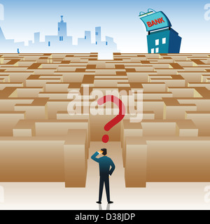 Geschäftsmann am Eingang des Labyrinths stehen und blickte verwirrt auf den Weg zur Bank finden Stockfoto