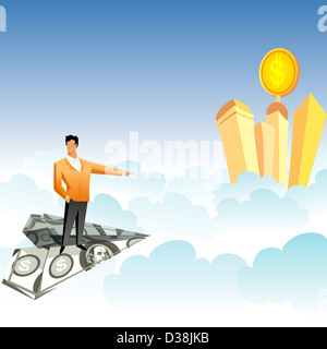 Geschäftsmann unterwegs einen Papierflieger und zeigt in Richtung Wolkenkratzer über den Wolken Stockfoto