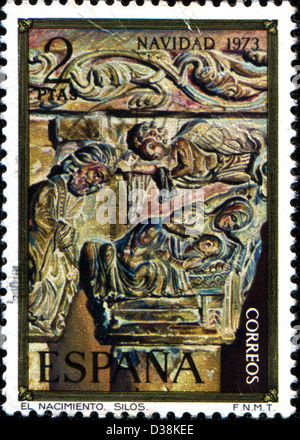 Spanien - CIRCA 1973: Eine Briefmarke gedruckt in Spanien zeigt Geburt, Spalte Kapital aus Silos Kirche, Weihnachten, ca. 1973 Stockfoto