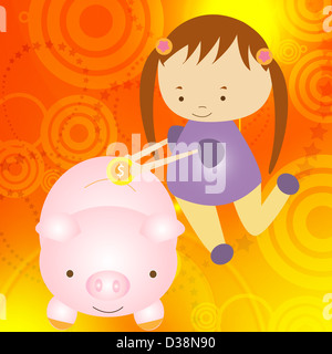 Mädchen, eine Münze in ein Sparschwein Stockfoto