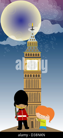 Mädchen stehen mit einer Ehrenwache vor der ein Clock Tower, Big Ben, Houses Of Parliament, City Of Westminster, London, England Stockfoto