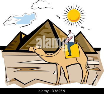 Touristisches Reiten auf einem Kamel in der Nähe von Pyramide, Pyramiden von Gizeh, Kairo, Ägypten Stockfoto