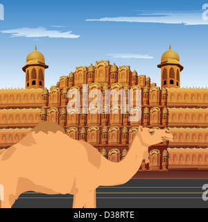 Kamel stehend vor Palast, Hawa Mahal, Jaipur, Rajasthan, Indien Stockfoto