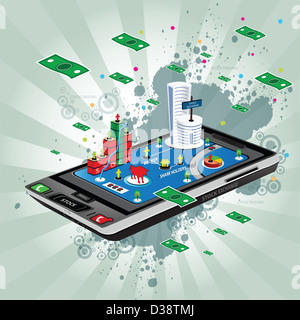 Anschauliche Darstellung zeigt die Verwendung eines Mobiltelefons im Aktienhandel Stockfoto