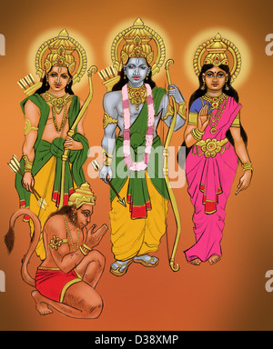 Lord Hanuman Verbeugung vor Lord Rama mit Sita und Lakshmana Stockfoto