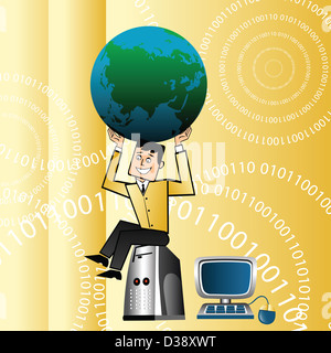 Geschäftsmann, die Welt auf den Kopf mit einem Computer tragen Stockfoto