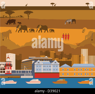 Montage der Waterfront von Kapstadt mit South African Wildlife und Stammes-Leute Stockfoto