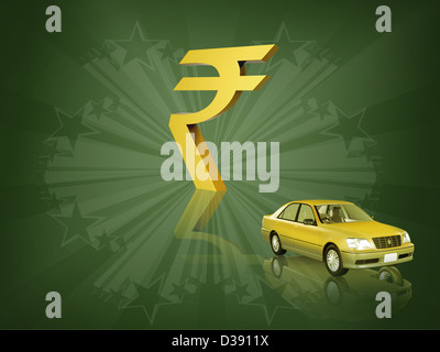 Indische Rupie-Symbol mit einem Auto Stockfoto