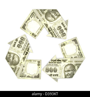 Indische Rupie fünfhundert Notizen in Form von recycling-symbol Stockfoto