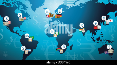 Abbildung Schuss von Währungssymbolen aus Ländern auf einer Weltkarte Stockfoto