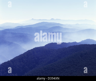 Australien, Victoria, viktorianische Alpen, der great Alpine Road, Blick über die Alpen von Hotham, Frühling mit Nebel. Stockfoto