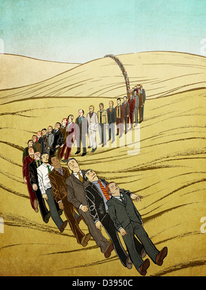 Abbildung Schuss der Männer in der Schlange fallen wie Dominosteine Stockfoto