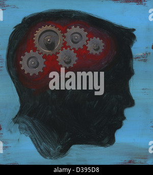 Ein menschlicher Kopf mit Interlock Zahnrad Stockfoto