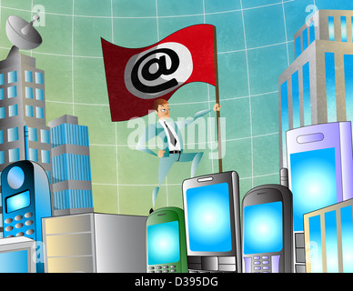 Geschäftsmann hält 'at' Symbol Flagge stehend auf Handys Stockfoto