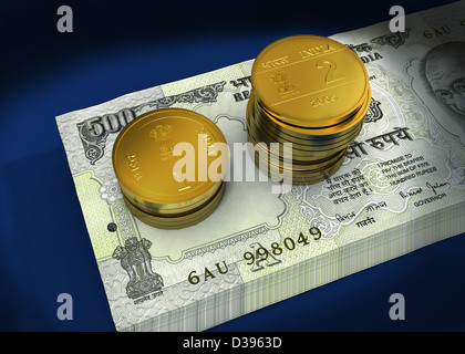 Bündel von indische Geldscheine mit Stapel der Münzen Stockfoto