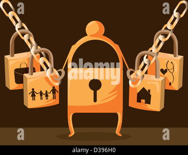 Konzeptionelle Schuss Vorhängeschloss mit Ketten Darstellung Versicherung verschiedene Aspekte des Lebens Stockfoto
