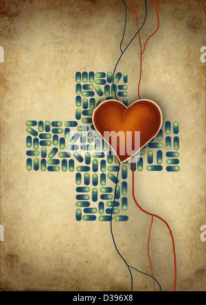 Konzeptionelle Schuss des Herzens über Kreuz geformte Kapseln, Herz Probleme darstellt Stockfoto
