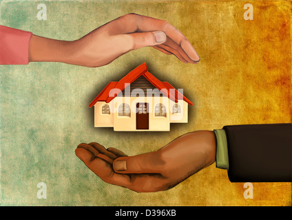 Anschauliches Bild der menschlichen Hände Abschirmung Musterhaus vertritt Hausratversicherung Stockfoto