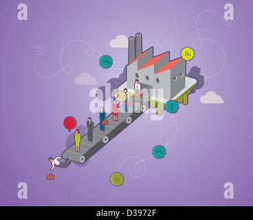 Geschäftsleute auf Förderband mit Mann herunterfallen Darstellung Konzept von Arbeitslosigkeit und Kostensenkung Stockfoto