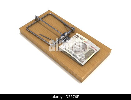 Konzeptionelle Schuss von Papiergeld auf Mausefalle auf weißem Hintergrund platziert Stockfoto