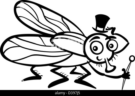 Schwarz / Weiß Cartoon Illustration lustig Fly oder Stubenfliege mit Hut und Stock für Malbuch Stockfoto