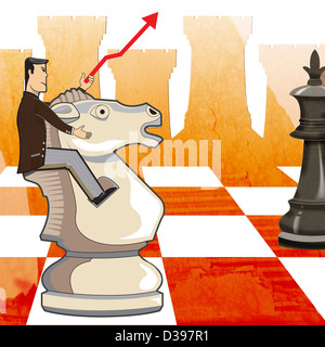 Geschäftsmann Reitpferd der Schachfigur an Bord Darstellung Geschäftsstrategie Stockfoto