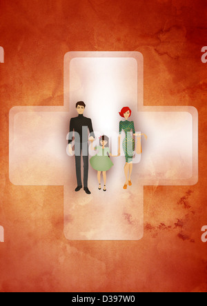 Familie mit einem Kind über rote Kreuz vor farbigen Hintergrund Darstellung Krankenversicherung Stockfoto