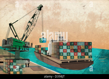Schifffahrt mit Verladung von Containern Binärcode auf Schiff, die stellvertretend für das Konzept der Software export Stockfoto