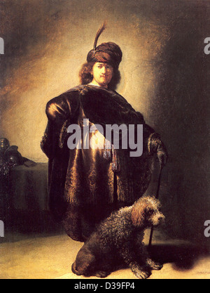 Rembrandt van Rijn, Selbstbildnis in orientalischer Kleidung mit Pudel. 1631 Öl. Barocke. Stockfoto