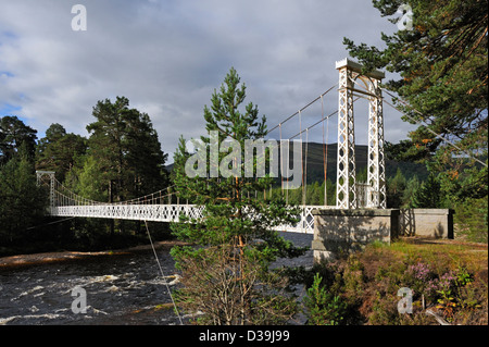 Metall-Hängebrücke über den Fluss Dee. Balmoral Estate, Royal Deeside, Aberdeenshire, Schottland, Vereinigtes Königreich, Europa. Stockfoto